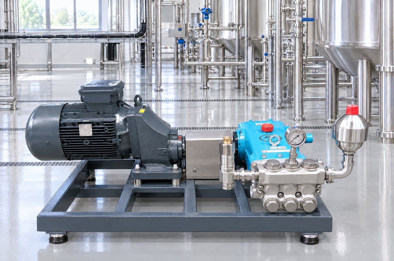 Hochdruckaggregat mit CAT PUMPS Plungerpumpe, Getriebemotor und Pulsationsdämpfer in einer Lebensmittel-Produktionshalle